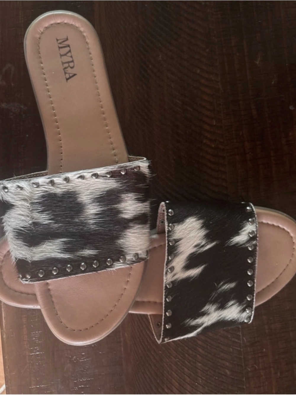 Myra Bag Black & White Cowhide Slide Sandals with Stud Detail